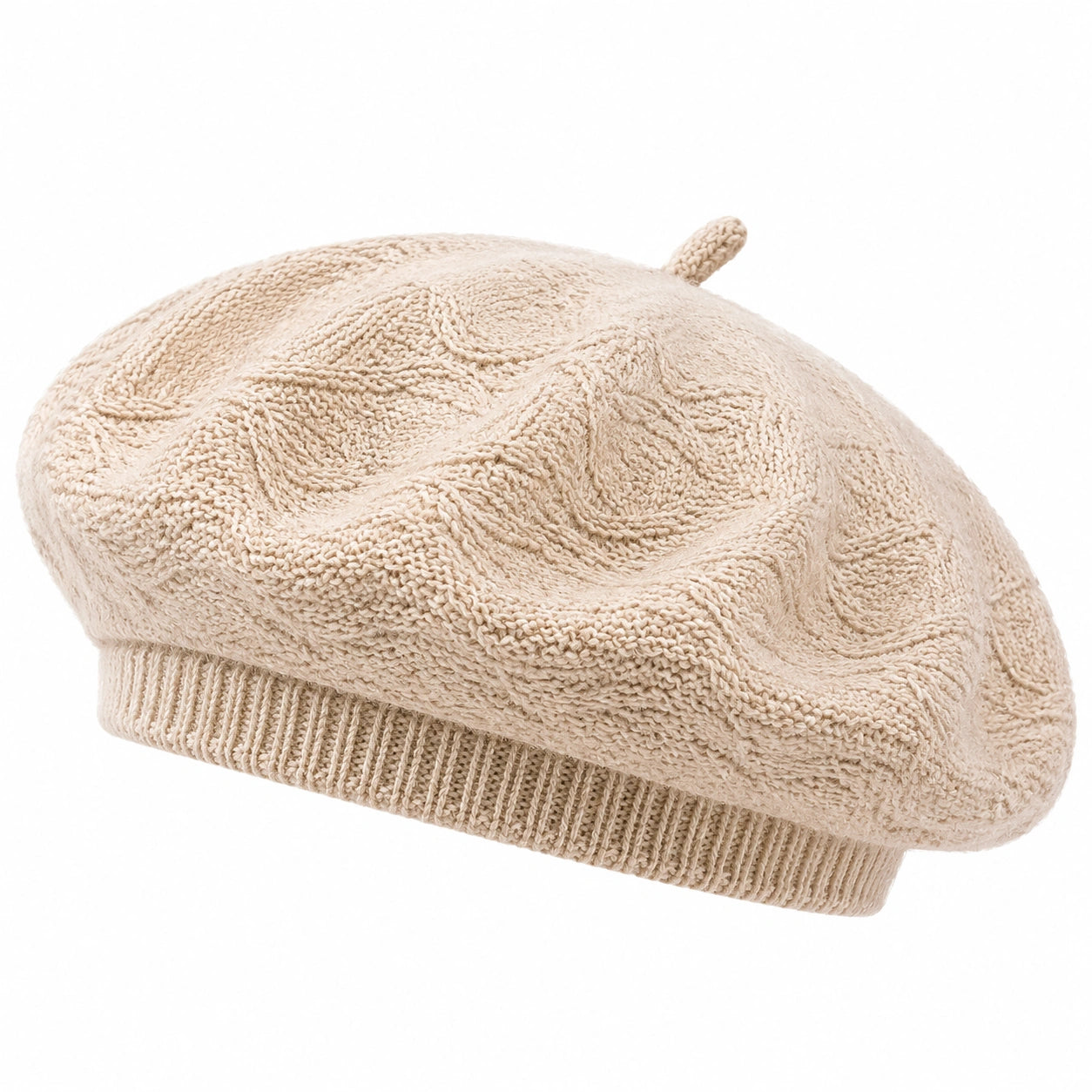Berretto basco taglia unica in maglia beige - stile classico con bordo elasticizzato