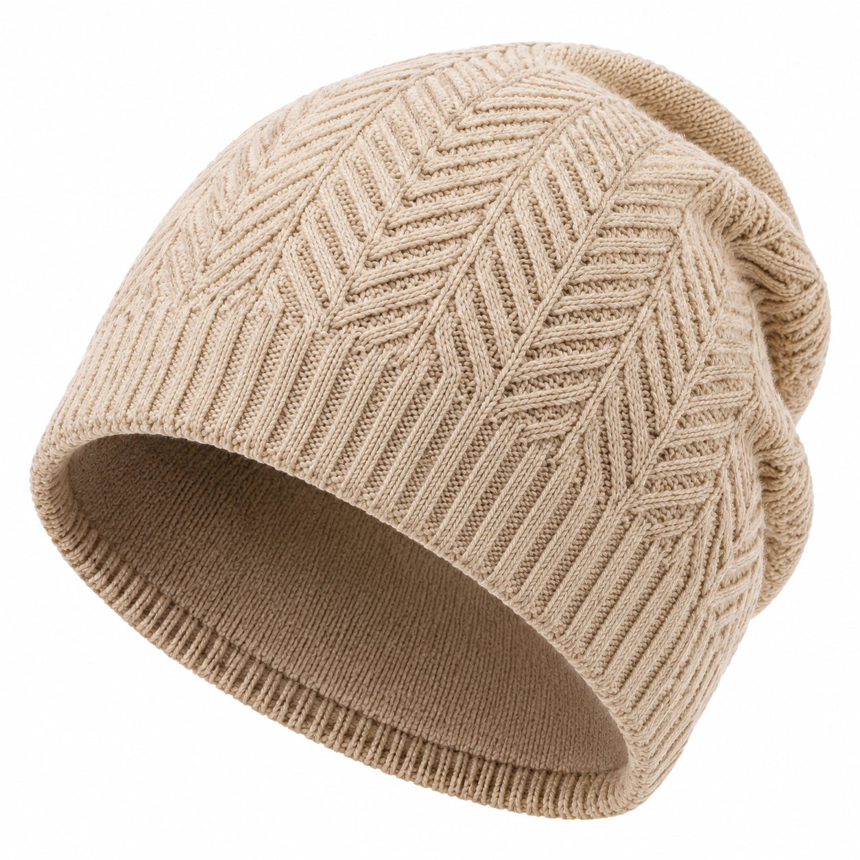 Berretto a maglia taglia unica beige con risvolto e motivo geometrico