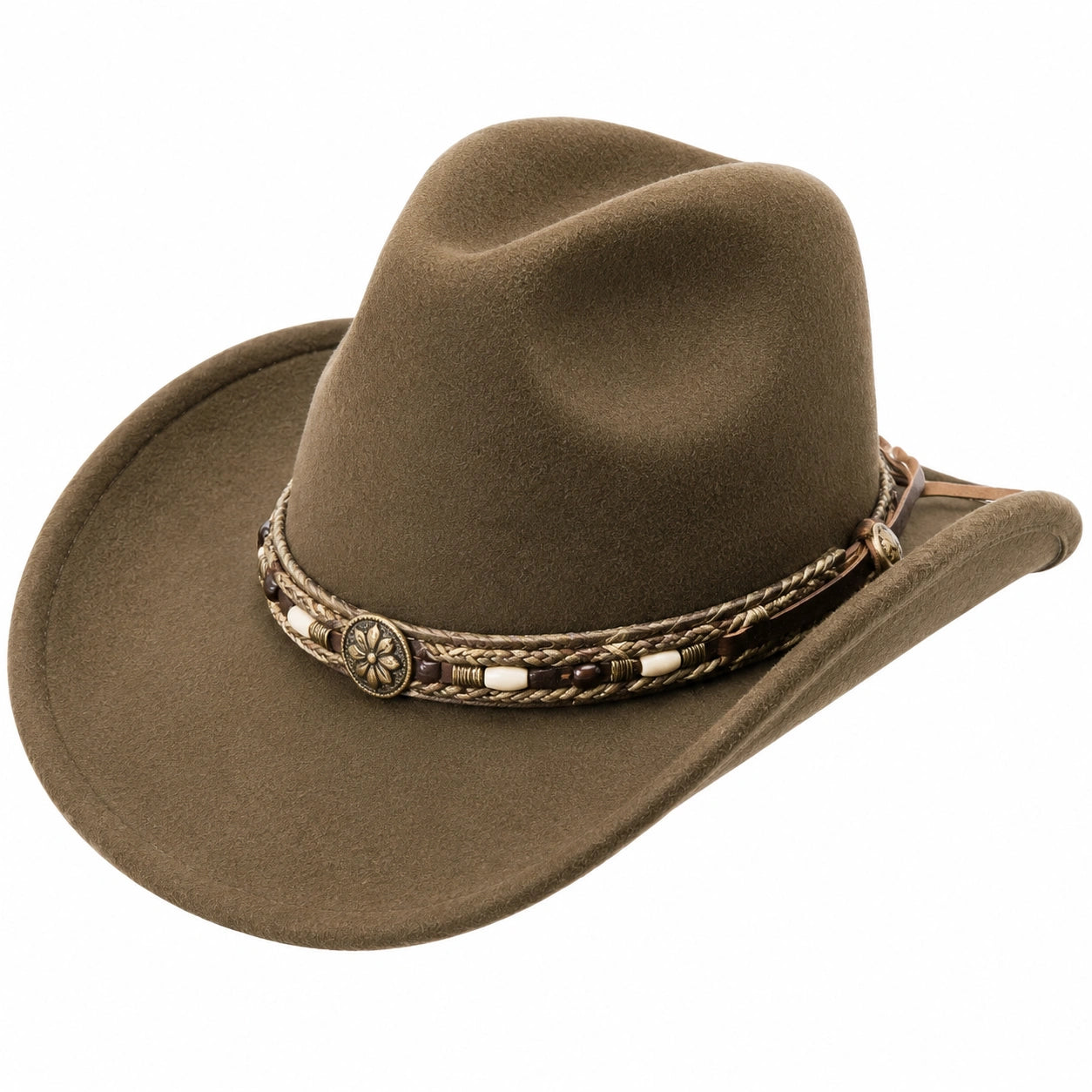 Cappello da cowboy taglia unica in tessuto effetto feltro marrone con fascia intrecciata stile western