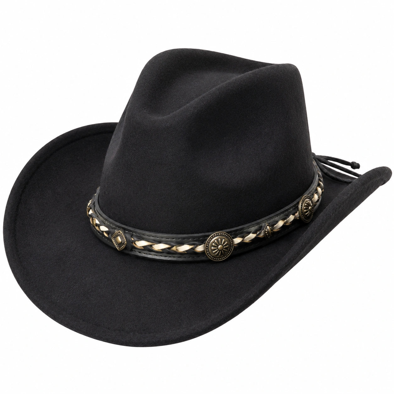 Cappello cowboy taglia unica nero in tessuto effetto feltro con fascia decorativa regolabile