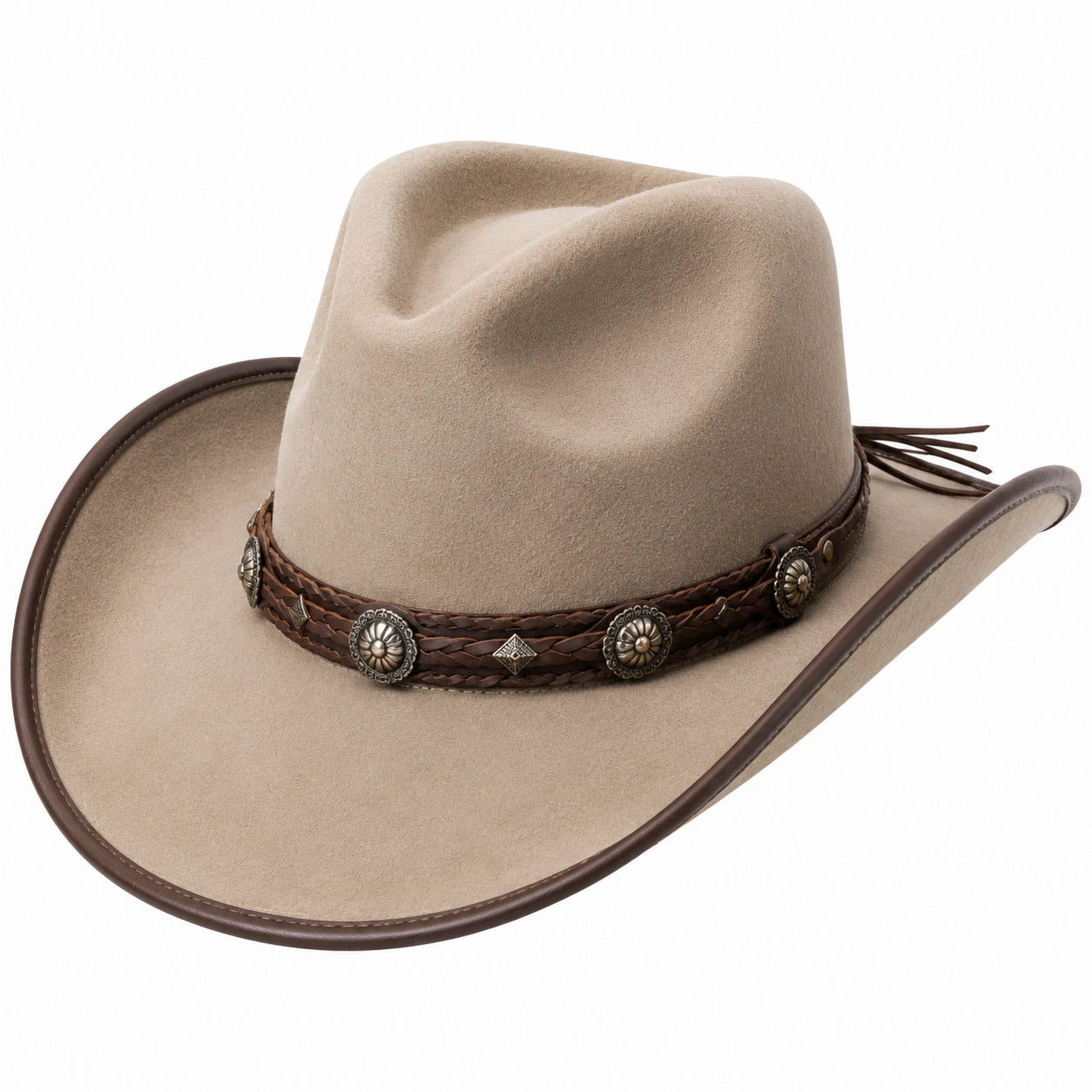 Cappello cowboy taglia unica beige in tessuto effetto scamosciato con fascia intrecciata regolabile