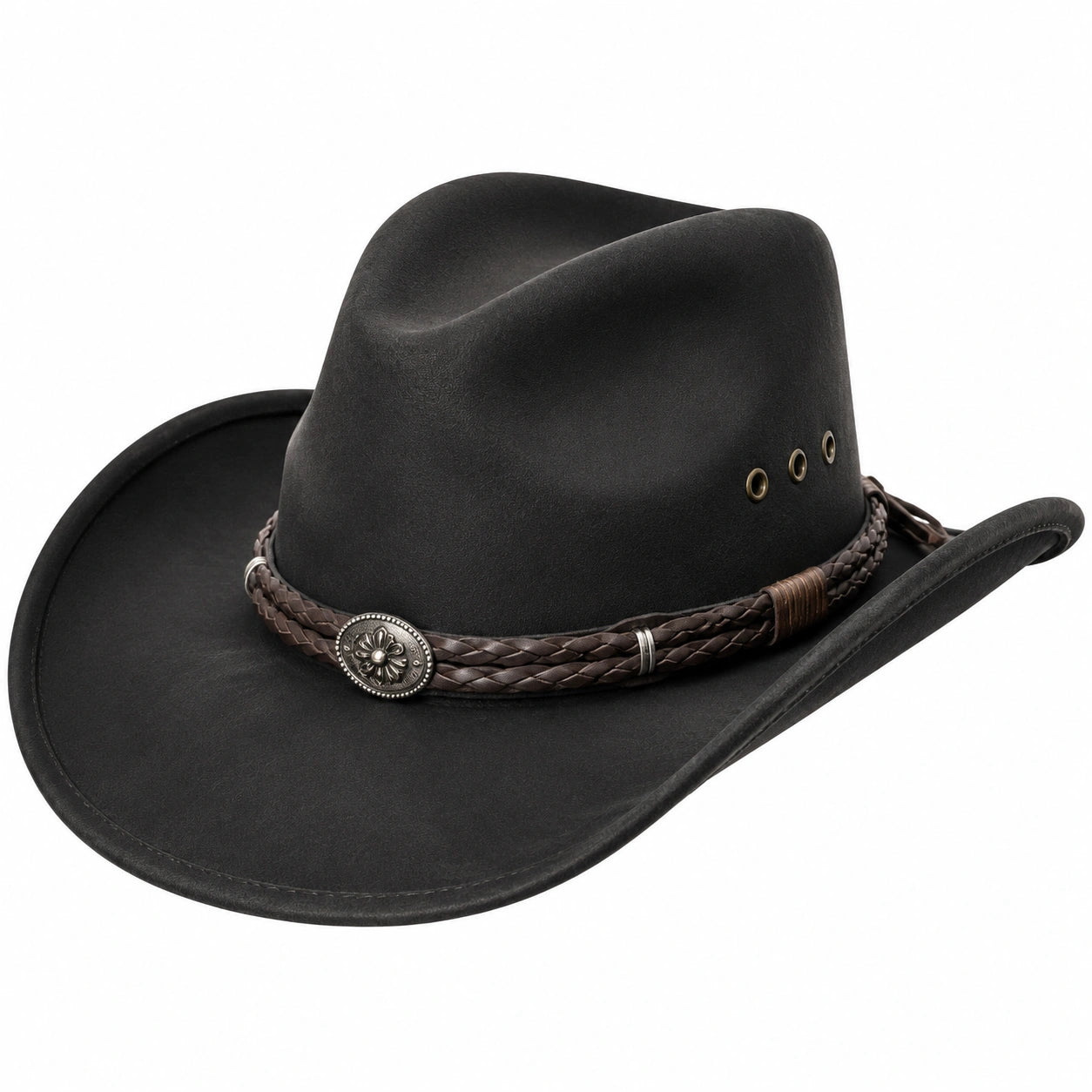 Cappello cowboy taglia unica nero in similpelle scamosciata con fascia intrecciata