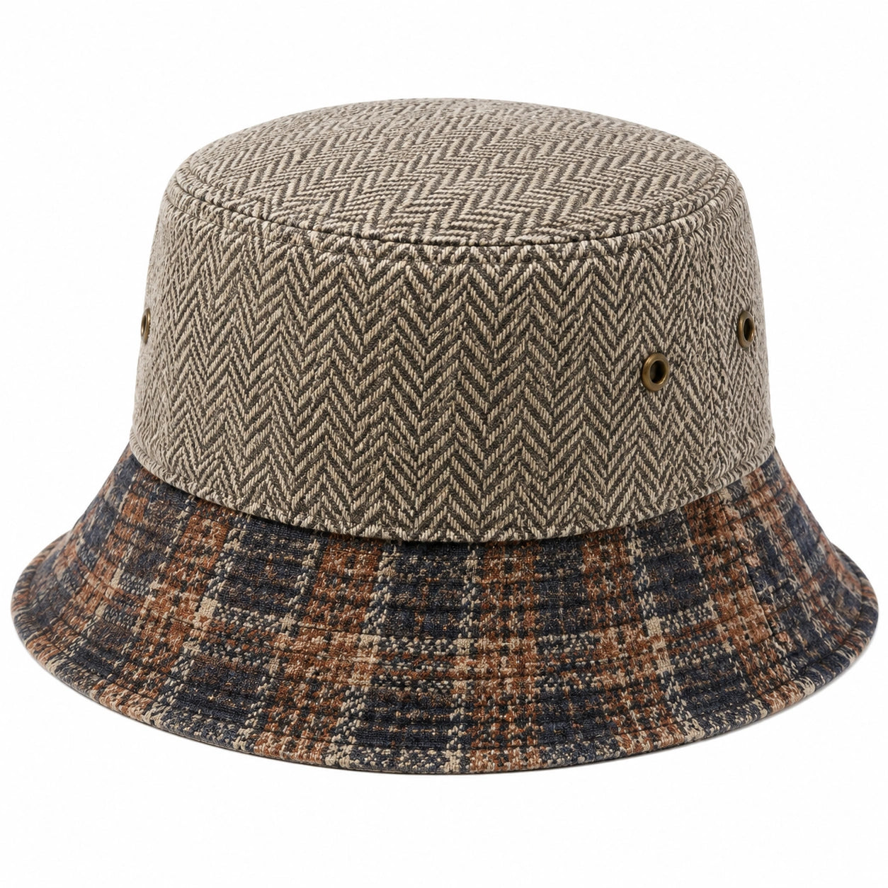 Cappello pescatore taglia unica in tessuto beige marrone e blu con fantasia geometrica