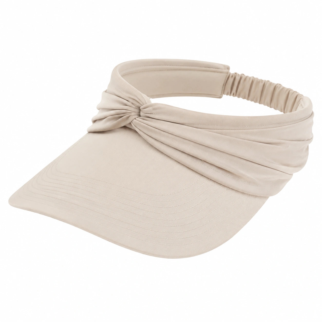 Visiera parasole taglia unica in tessuto beige con nodo decorativo e fascia elastica
